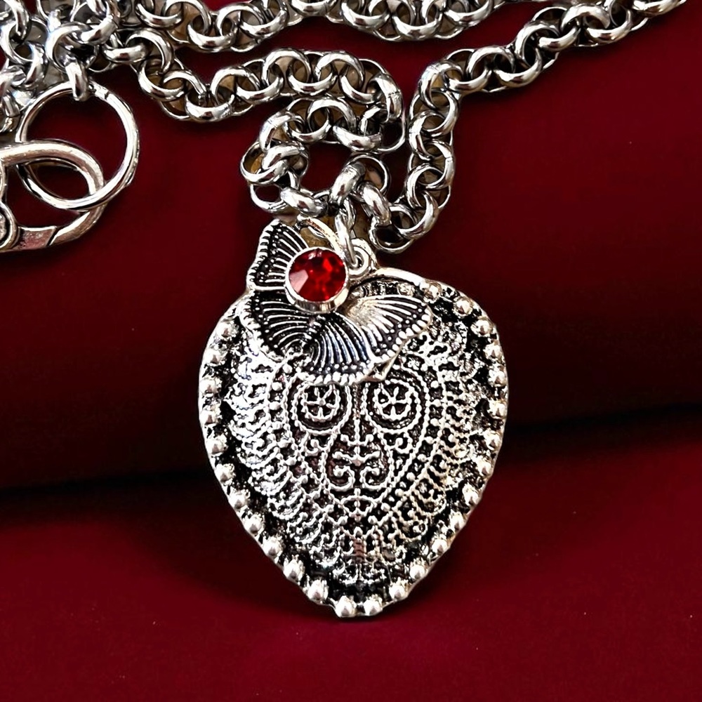 Beautiful Silver Toned Heart Necklace with Butterfly and Red Gem Charm 16.5” - Picture 3 of 17